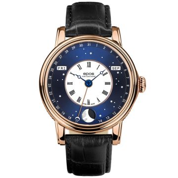 Elegancki męski zegarek EPOS Oeuvre D’Art 3439 V-Style 3439.322.24.26.25 na pasku z fazami księżyca