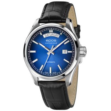 Elegancki zegarek męski z niebieską tarczą na pasku Epos Passion Day Date 3501.142.20.96.25