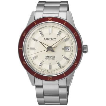 Zegarek męski Seiko Style 60’s SI SSK013J1 z mechanizmem automatycznym, o białej tarczy, z burgundowym bezelem na stalowej bransolecie w srebrnym kolorze