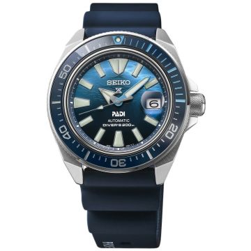 Odkryj zegarek męski Seiko Prospex Diver Samurai Automatic Padi Special Edition SI SRPJ93K1 z mechanizmem automatycznym oraz niebieską tarczą inspirowaną powierzchnią wody na pasku
