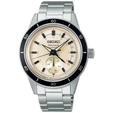 Zegarek męski Seiko Style 60’s SI SSA447J1 z mechanizmem automatycznym, o beżowej tarczy z subtarczą z datownikiem na stalowej bransolecie w srebrnym kolorze