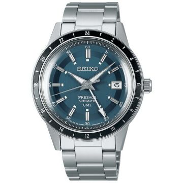 Zegarek męski Seiko GMT Style 60’s z mechanizmem automatycznym, niebieską tarczą na stalowej bransolecie w srebrnym kolorze
