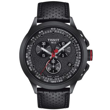 Front zegarka męskiego TISSOT T135.417.37.051.02 z czarną tarczą na czarnym pasku skórzanym