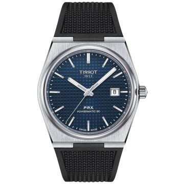 Zegarek TISSOT PRX POWERMATIC 80 T137.407.17.041.00  z niebieską tarczą, srebrną kopertą oraz czarnym paskiem
