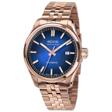 Złoty zegarek męski z niebieską tarczą Epos Passion Automatic 3501.132.24.16.34