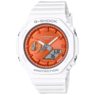 Zegarek damski G-Shock Octagon GMA-S2100WS-7AER Sparkle of Winter na białym pasku z pomarańczową tarczą