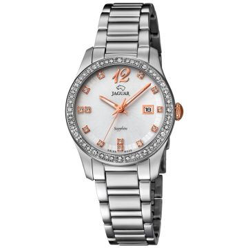 Zegarek damski JAGUAR Cosmopolitan J820/1 z białą tarczą i srebrną kopertą