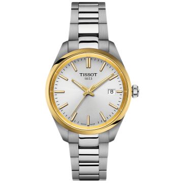 Srebrny zegarek damski Tissot PR 100 T150.210.21.031.00 ze złotą powłoką PVD