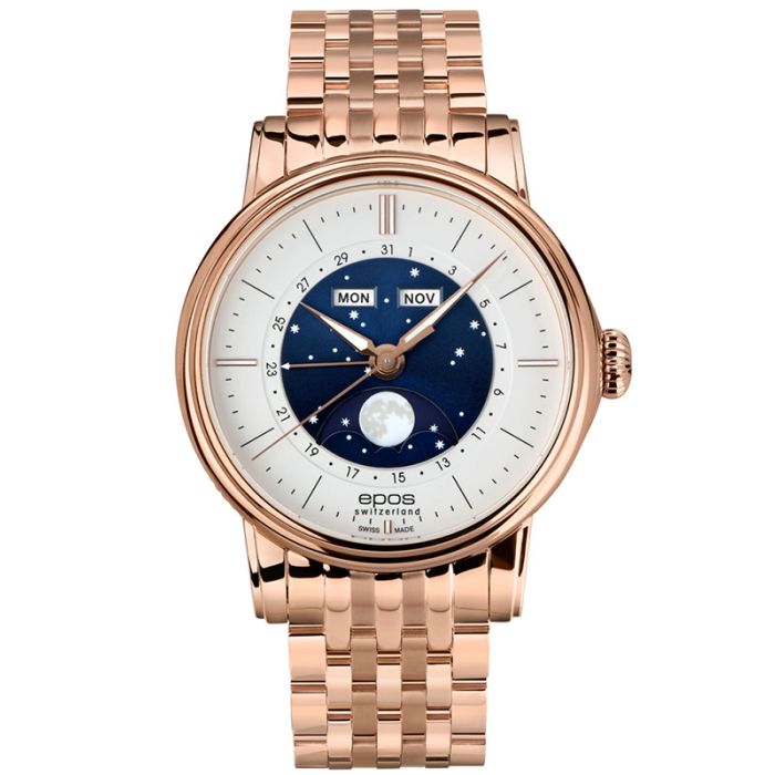 Elegancki zegarek męski na bransolecie z fazami księżyca Epos Oeuvre D'Art 3439 Classic 3439.322.24.18.34