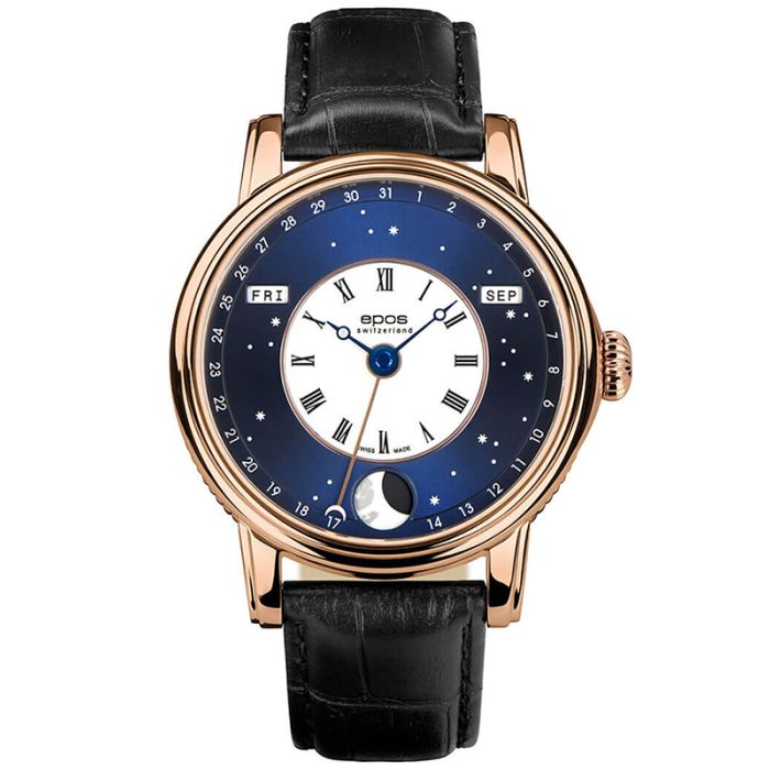 Elegancki męski zegarek EPOS Oeuvre D’Art 3439 V-Style 3439.322.24.26.25 na pasku z fazami księżyca
