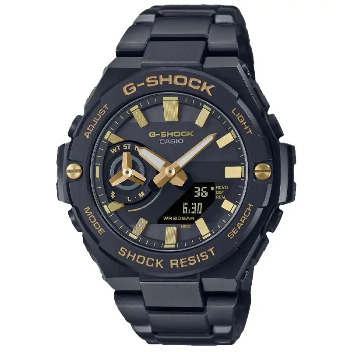 美品　CASIO G-SHOCK ゴールド ブラック　12月購入　箱あり Czarny zegarek męski Casio G-Shock G-Steel Premium Stay Gold GST