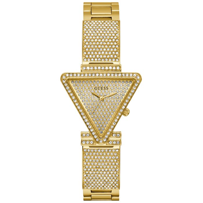 Odkryj złoty zegarek damski Guess Fame GW0644L2 z trójkątną kopertą na stalowej bransolecie 