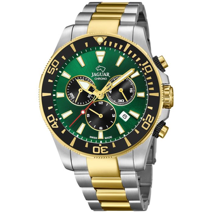 Zegarek męski Jaguar J862/3 z zieloną tarczą na srebrno-złotej bransolecie