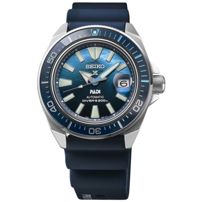 Odkryj zegarek męski Seiko Prospex Diver Samurai Automatic Padi Special Edition SI SRPJ93K1 z mechanizmem automatycznym oraz niebieską tarczą inspirowaną powierzchnią wody na pasku