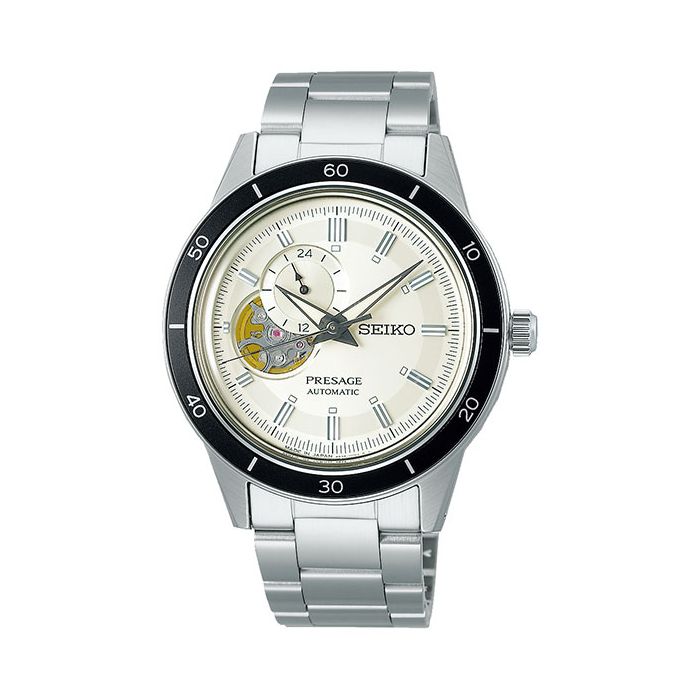 Odkryj zegarek męski SEIKO PRESAGE AUTOMATIC STYLE 60'S  SSA423J1 na bransolecie z widocznym mechanizmem - tarcza open heart - timetrend.pl
