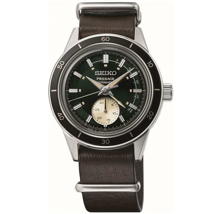 Zegarek męski Seiko Style 60’s SI SSA451J1 z mechanizmem automatycznym, o zielonej tarczy z subtarczą z datownikiem na brązowym pasku