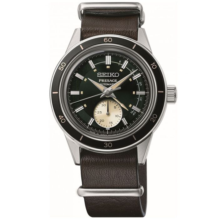 Zegarek męski Seiko Style 60’s SI SSA451J1 z mechanizmem automatycznym, o zielonej tarczy z subtarczą z datownikiem na brązowym pasku Zegarek męski Seiko Style 60’s SI SSA451J1 z mechanizmem automatycznym, o zielonej tarczy z subtarczą z datownikiem na brązowym pasku
