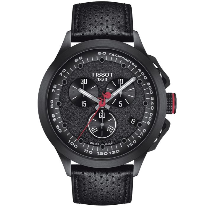 Męski zegarek sportowy TISSOT T135.417.37.051.01 z czarną tarczą na czarnym skórzanym pasku