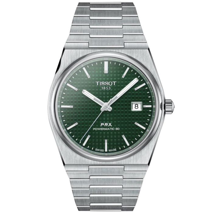Zegarek TISSOT PRX POWERMATIC 80 T137.407.11.091.00 z zieloną tarczą i srebrną kopertą na stalowej bransolecie
