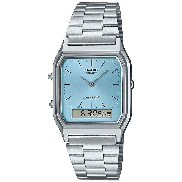 Zegarek Casio AQ-230A-2A1MQYES z kwadratową koperą o błękitnym kolorze Zegarek Casio AQ-230A-2A1MQYES z kwadratową koperą o błękitnym kolorze