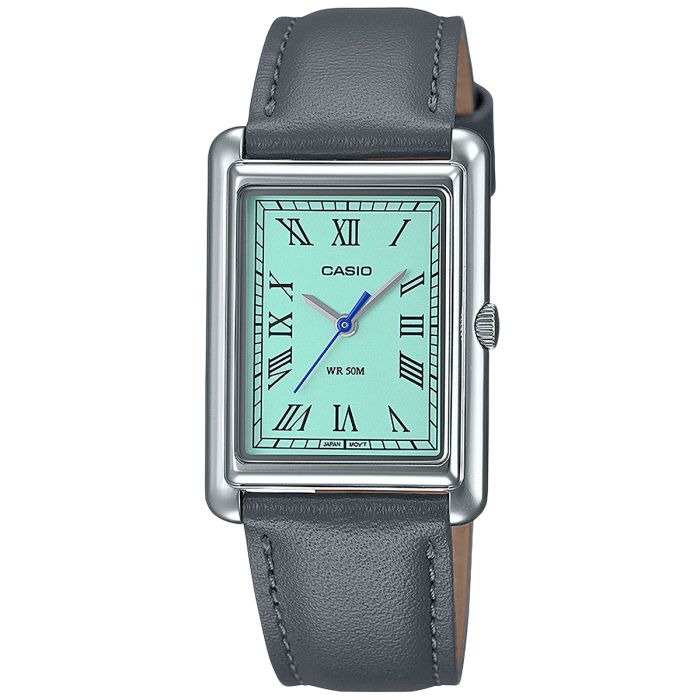 Zegarek damski Casio LTP-B165L-2BVEF z tarczą o odcieniu ,,tiffany blue" oraz na szarym, skórzanym pasku Zegarek damski Casio LTP-B165L-2BVEF z tarczą o odcieniu ,,tiffany blue" oraz na szarym, skórzanym pasku