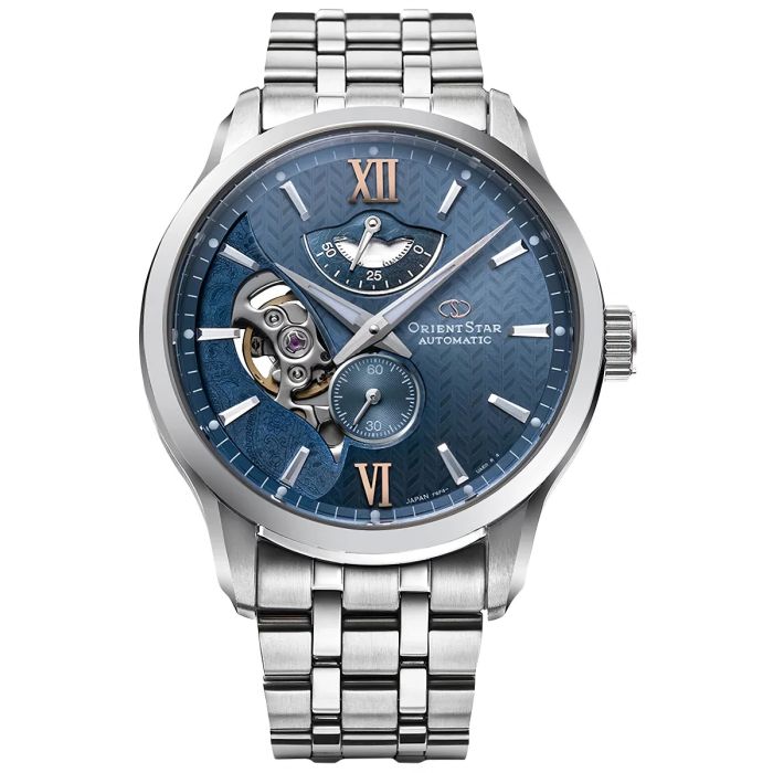 Zegarek męski z niebieską tarczą Orient Star Layered Skeleton RE-AV0B08L00B