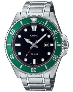  Odkryj zegarek męski Casio MDV-107D-3AVEF typu diver z czarną tarczą i zielonym bezelem obracającym się jednostronnie - timetrend.p