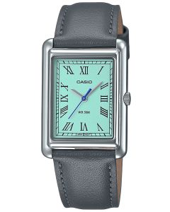 Zegarek damski Casio LTP-B165L-2BVEF z tarczą o odcieniu ,,tiffany blue" oraz na szarym, skórzanym pasku