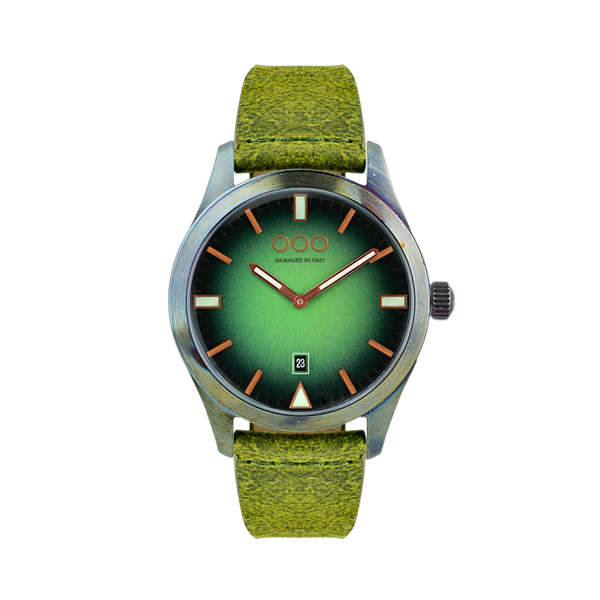 Zegarek OUT OF ORDER 143 Green OOO.001-17.VE z zieloną tarczą w srebrnej kopercie na zielonym pasku