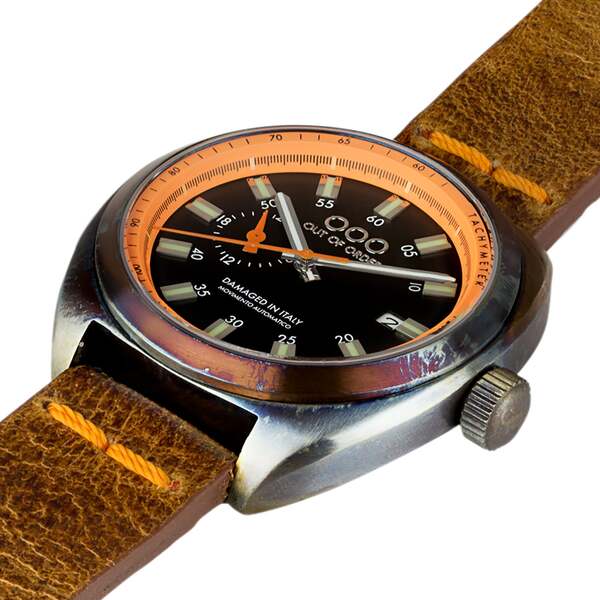 Zegarek OOO.001-5.AR z czarno-pomarańczową tarczą w srebrnej kopercie na brązowym pasku