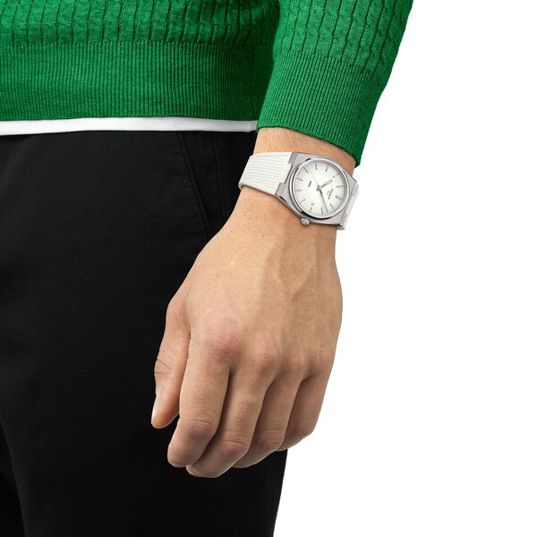 Zegarek męski TISSOT PRX T137.410.17.011.00 z białą tarczą, srebrną kopertą  na białym pasku gumowym