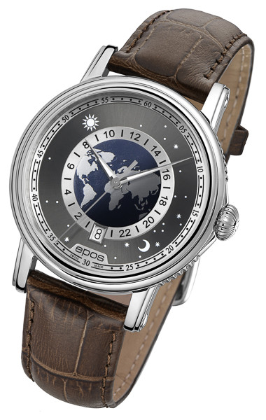 Elegancki zegarek męski na brązowym pasku EPOS Emotion Globe 3390.302.20.54.27