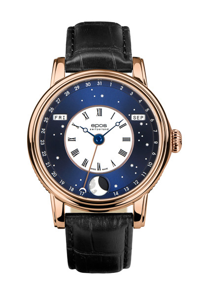 Elegancki męski zegarek EPOS Oeuvre D’Art 3439 V-Style 3439.322.24.26.25 na pasku z fazami księżyca