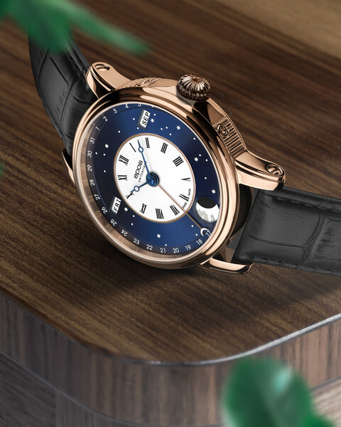 Elegancki męski zegarek EPOS Oeuvre D’Art 3439 V-Style 3439.322.24.26.25 na pasku z fazami księżyca