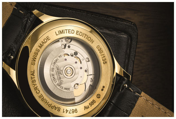 Zegarek Atlantic Seagold Moonphase 96741.65.31 ze złotą tarczą, kopertą, na czarnym pasku skórzanym