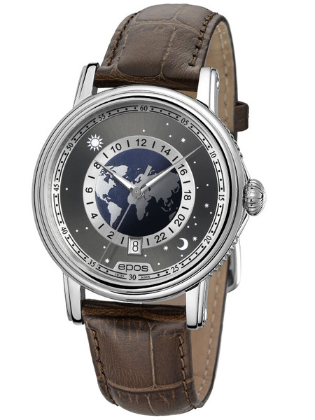 Elegancki zegarek męski na brązowym pasku EPOS Emotion Globe 3390.302.20.54.27