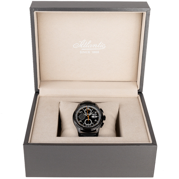Zegarek męski Atlantic 55853.46.65 Worldmaster Prestige Valjoux z czarną tarczą, stalową kopertą na czarnym pasku skórzanym