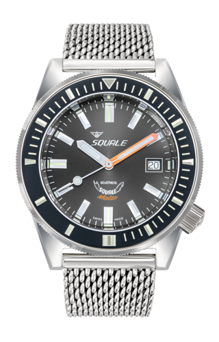 Zegarek nurkowy o wodoszczelności do 60 atmosfer z szarą tarczą na meshowej bransolecie w srebrnym kolorze Squale MATICXSA.ME22