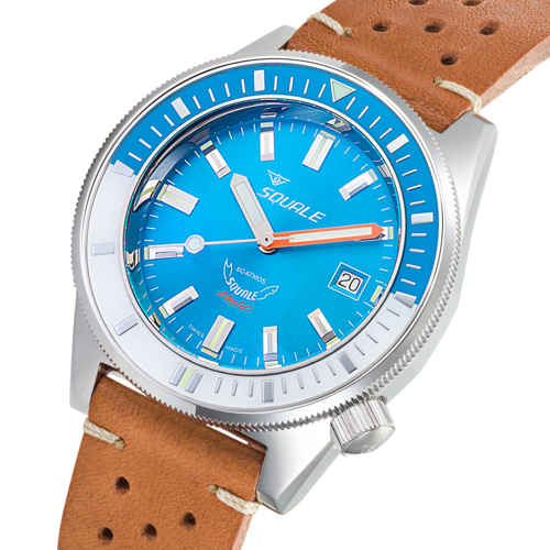 Zegarek nurkowy o wodoszczelności do 60 atmosfer z niebieską tarczą na brązowym pasku z włoskiej skóry naturalnej Squale MATICXSE.PTC