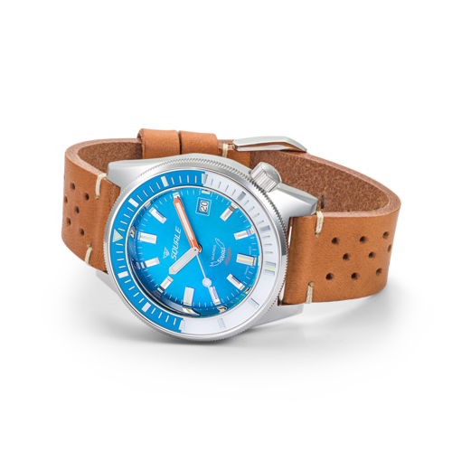 Zegarek nurkowy o wodoszczelności do 60 atmosfer z niebieską tarczą na brązowym pasku z włoskiej skóry naturalnej Squale MATICXSE.PTC