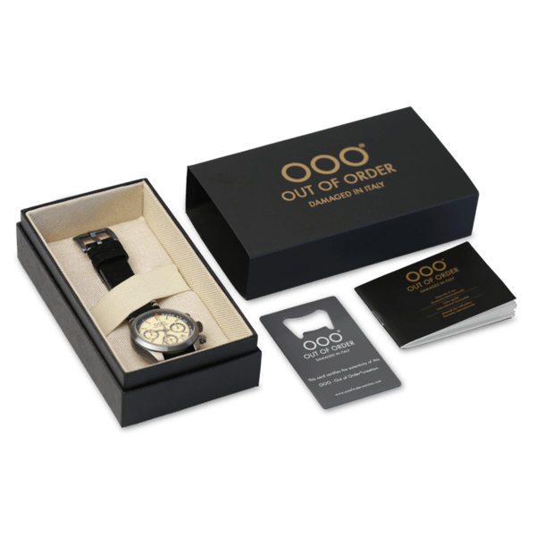 Zegarek męski OOO.001-23.CR.NE z beżową tarczą w srebrnej kopercie na czarnym pasku