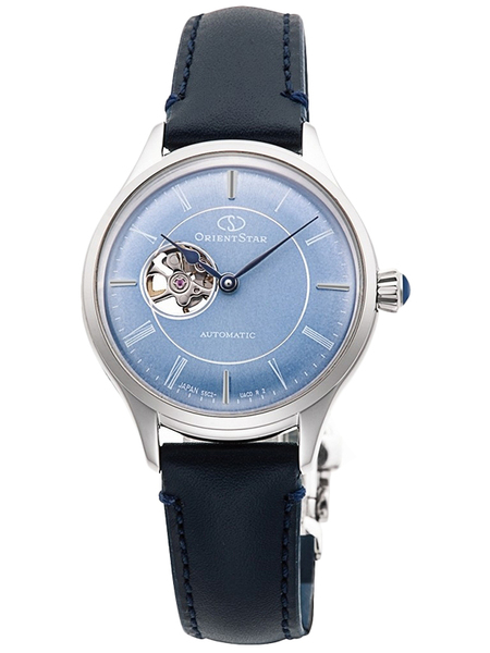 Zegarek damski z niebieską tarczą open heart Orient Star RE-ND0012L00B