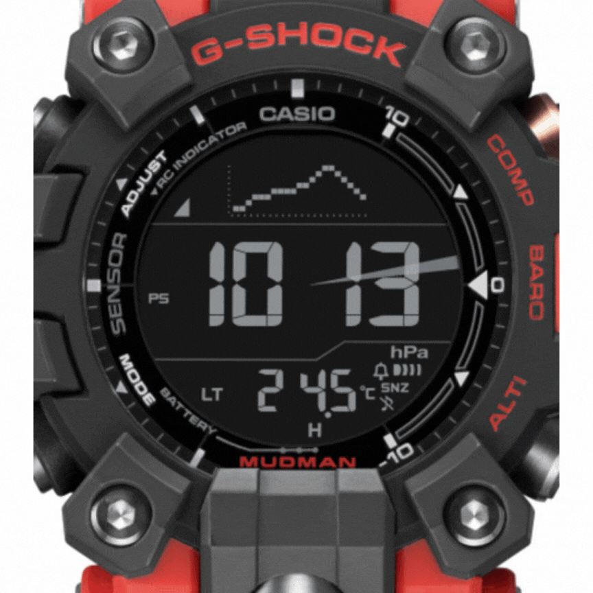 Zegarek męski G-Shock Mudman GW-9500-1A4ER  wykonany z biomasy oraz z mechanizmem solarnym w czarnym kolorze z czerwonymi akcentami - timetrend.pl
