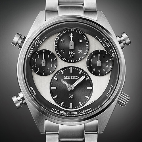 Czarna tarcza zegarka SEIKO Prospex Speedtimer 1/100 Sec Solar Chronograph SI SFJ001P1 z trzema sub-tarczami i srebrną kopertą