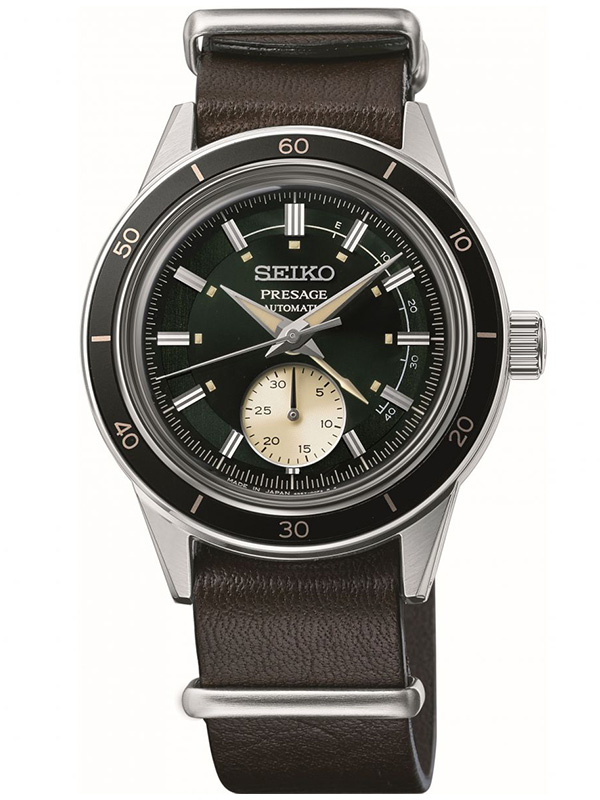 Zegarek męski Seiko GMT Style 60’s z mechanizmem automatycznym, szarą tarczą oraz czarnym, skórzanym paskiem