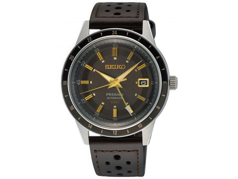 Zegarek męski Seiko GMT Style 60’s z mechanizmem automatycznym, szarą tarczą oraz czarnym, skórzanym paskiem
