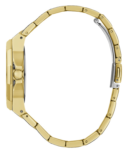 Odkryj damski Guess Misfit GW0597L1 na stalowej bransolecie pokrytej wzorzystą powłoką ze złotą kopertą oraz wzorzystą, błyszczącą tarczą