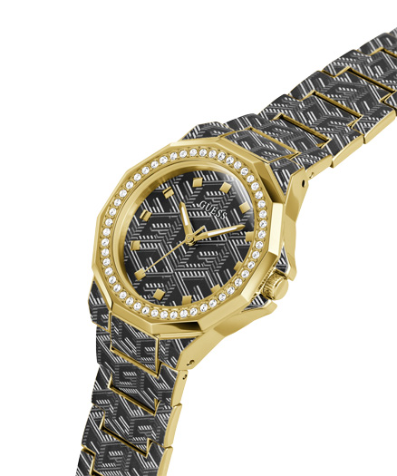 Odkryj damski Guess Misfit GW0597L1 na stalowej bransolecie pokrytej wzorzystą powłoką ze złotą kopertą oraz wzorzystą, błyszczącą tarczą