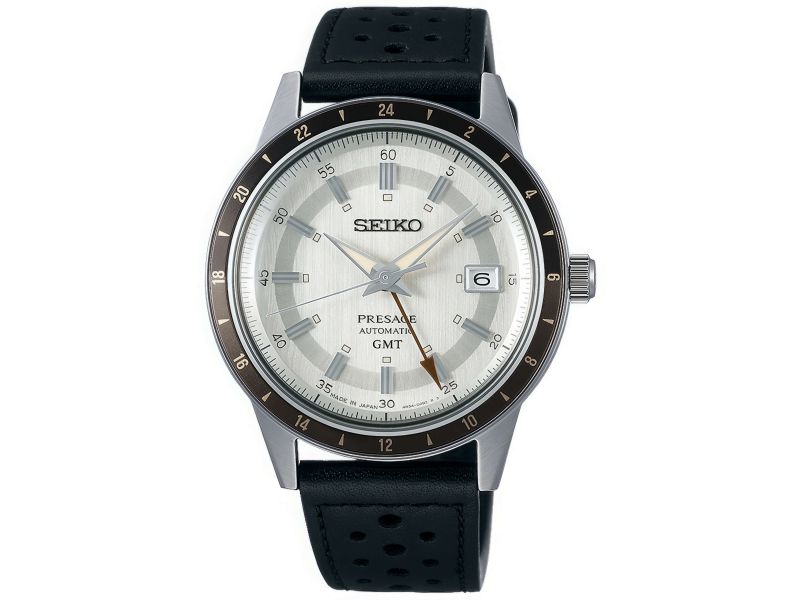 Zegarek męski Seiko GMT Style 60’s z mechanizmem automatycznym, szarą tarczą oraz czarnym, skórzanym paskiem