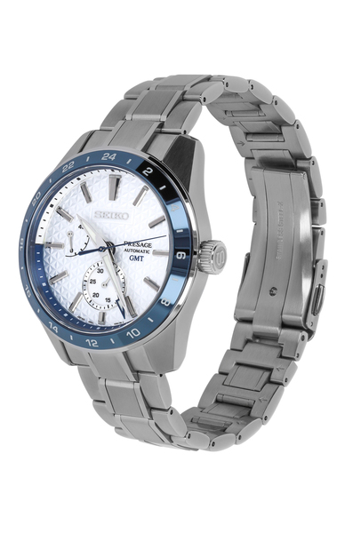Zegarek męski Seiko Presage Sharp Edged GMT SPB223J1 z białą tarczą w srebrnej kopercie
